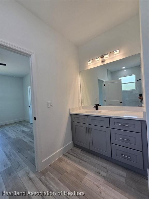 bathroom featuring vanity and hardwood / wood-style flooring