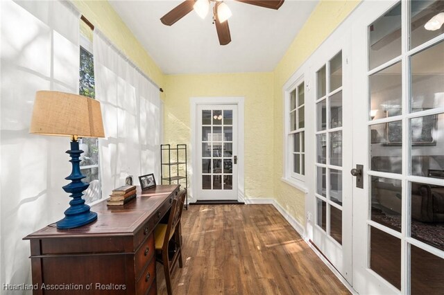 412 Rose Ave, Sebring, FL 33870 - doorway to outside featuring french doors, ceiling fan, dark wood finished floors, and baseboards