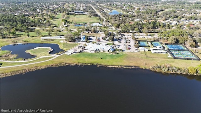 drone / aerial view featuring a water view