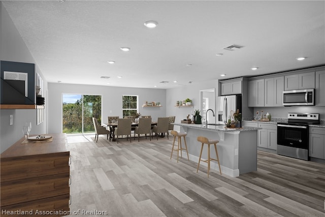 kitchen with stainless steel appliances, light stone counters, light hardwood / wood-style flooring, gray cabinets, and a center island with sink