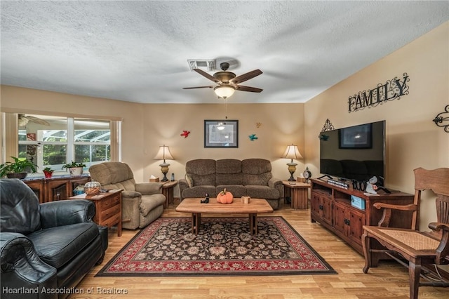 living room with ceiling fan, a textured ceiling, and light wood-type flooring