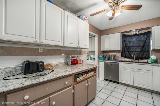 kitchen with sink, stainless steel dishwasher, decorative backsplash, ceiling fan, and white cabinetry