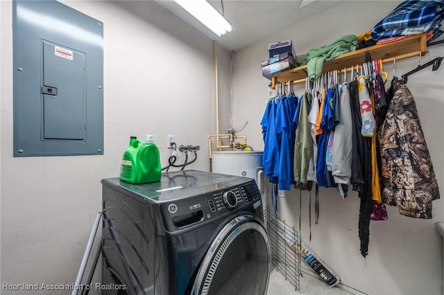 clothes washing area featuring washer hookup, electric water heater, and electric panel