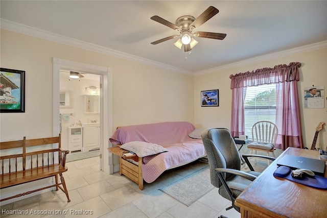 office space featuring light tile patterned floors, ceiling fan, and ornamental molding