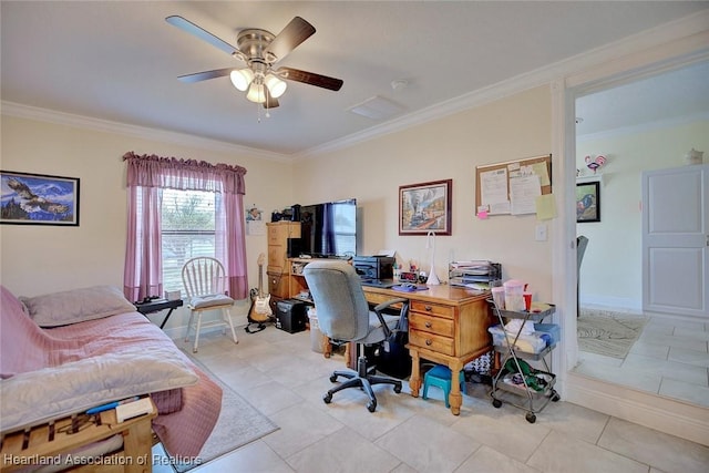 office area with ornamental molding, light tile patterned floors, baseboards, and a ceiling fan