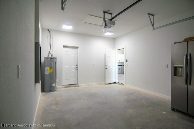 garage with electric water heater, a garage door opener, baseboards, and stainless steel fridge with ice dispenser