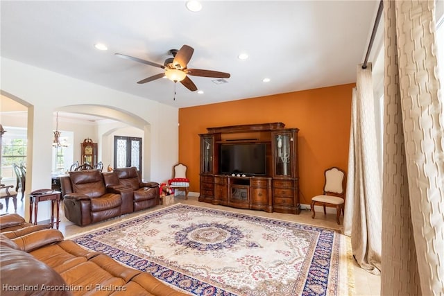 living room featuring ceiling fan