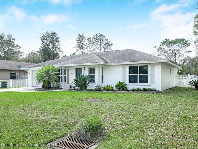 single story home featuring a garage and a front yard