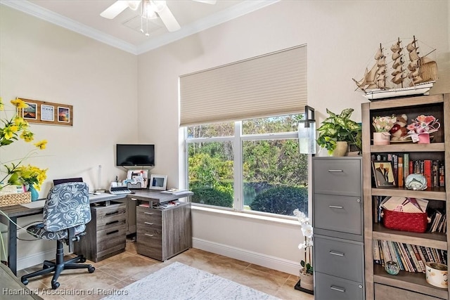 home office featuring light tile patterned floors, ornamental molding, and ceiling fan