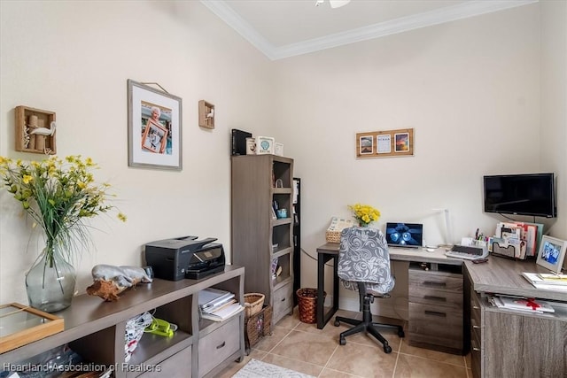 office space featuring crown molding and light tile patterned floors