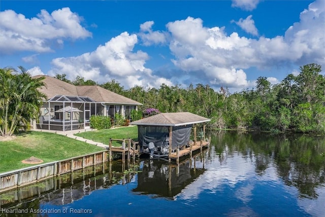 dock area with a lanai, a lawn, and a water view