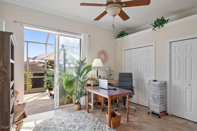 office space featuring light tile patterned floors, ornamental molding, and ceiling fan