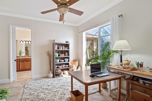 office area featuring crown molding, ceiling fan, and light tile patterned floors