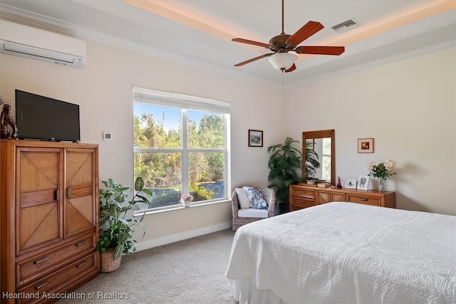 bedroom with ceiling fan, light colored carpet, and a wall mounted AC