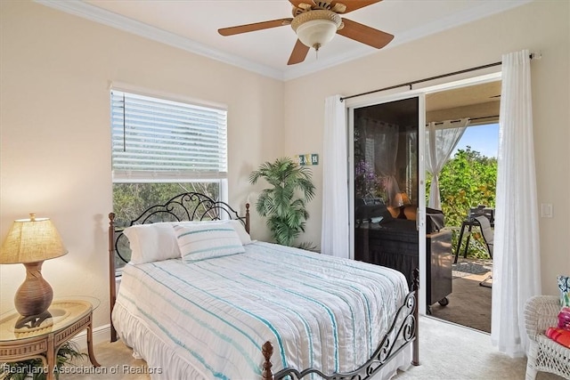 carpeted bedroom with crown molding, access to outside, and ceiling fan