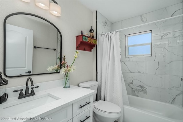 full bathroom with vanity, toilet, and shower / tub combo with curtain