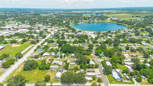 drone / aerial view with a water view