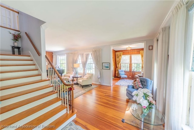 living room with light hardwood / wood-style flooring and ornamental molding