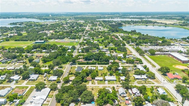 drone / aerial view with a water view