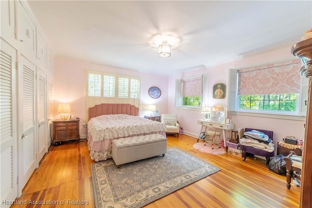 bedroom with light wood-type flooring, ornamental molding, and a closet