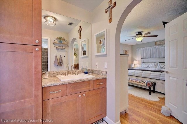 bathroom with vanity, wood-type flooring, and ceiling fan