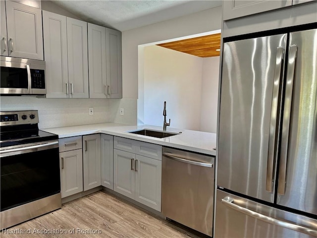 kitchen featuring sink, gray cabinetry, light wood-type flooring, stainless steel appliances, and backsplash