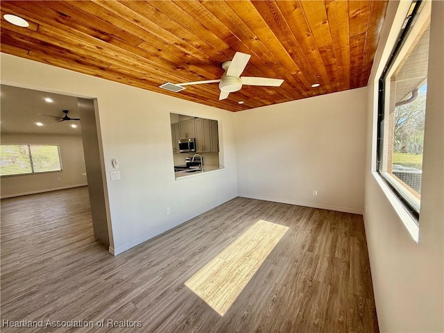 unfurnished room with wood ceiling, ceiling fan, and hardwood / wood-style floors