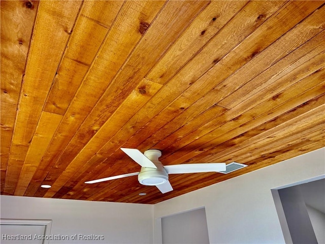 room details featuring wood ceiling and ceiling fan