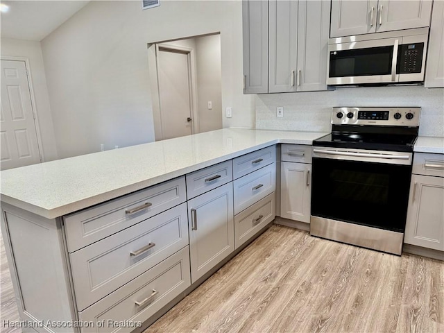 kitchen featuring light wood-type flooring, appliances with stainless steel finishes, gray cabinets, kitchen peninsula, and decorative backsplash