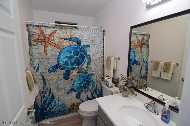 bathroom with vanity, a shower with curtain, a textured ceiling, and toilet