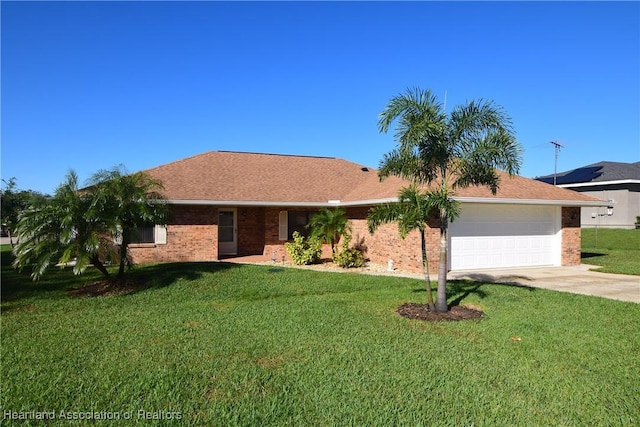 ranch-style house with a front lawn and a garage