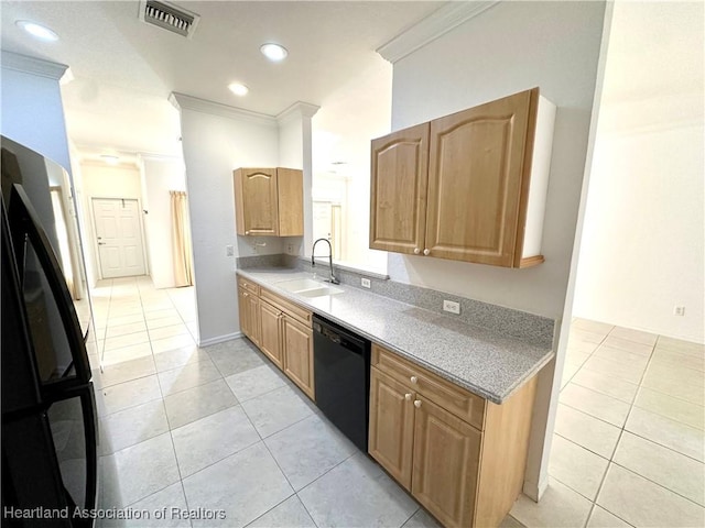 kitchen featuring dishwasher, light tile patterned floors, refrigerator, and sink