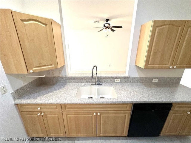 kitchen with dishwasher, ceiling fan, and sink