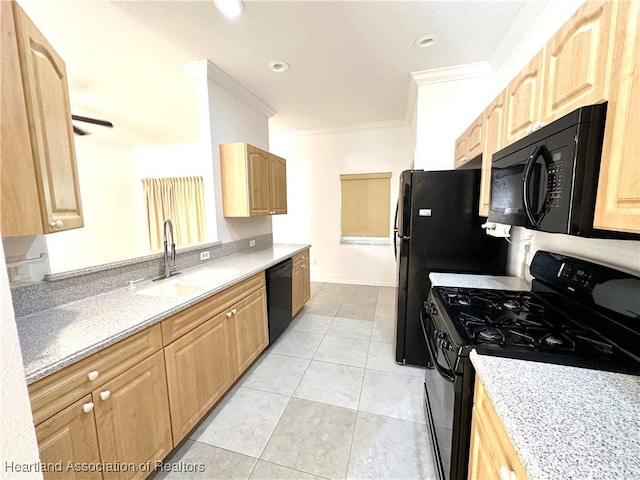 kitchen with black appliances, sink, light stone countertops, ornamental molding, and light tile patterned floors