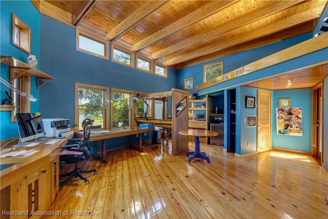 office area featuring a high ceiling, light hardwood / wood-style floors, wood ceiling, and beam ceiling