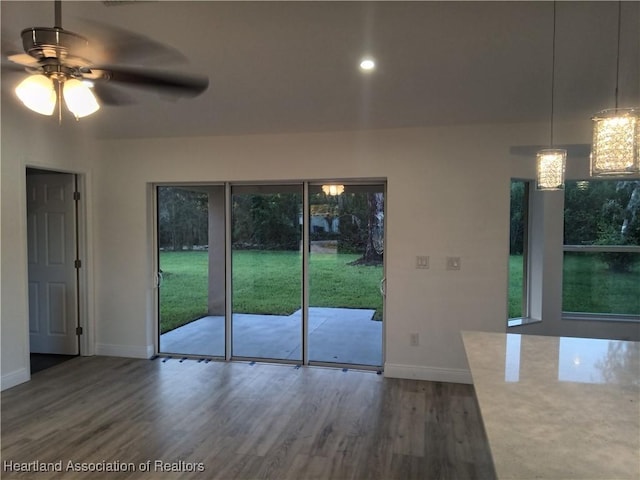 interior space featuring dark hardwood / wood-style floors and ceiling fan