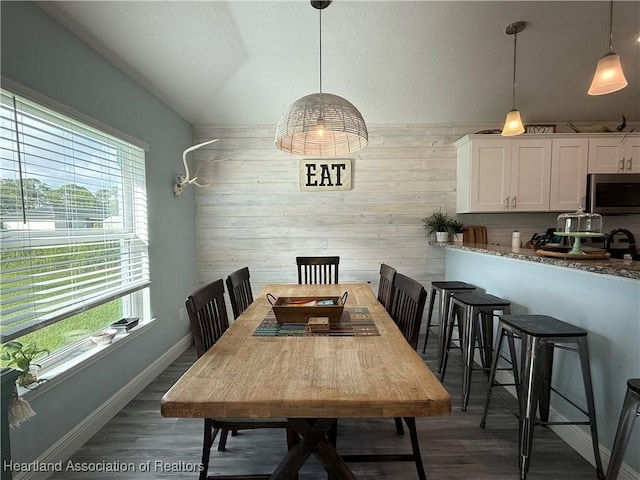 424 Branbury Ave, Lake Placid, FL 33852 - dining space featuring plenty of natural light, wood finished floors, vaulted ceiling, and wood walls