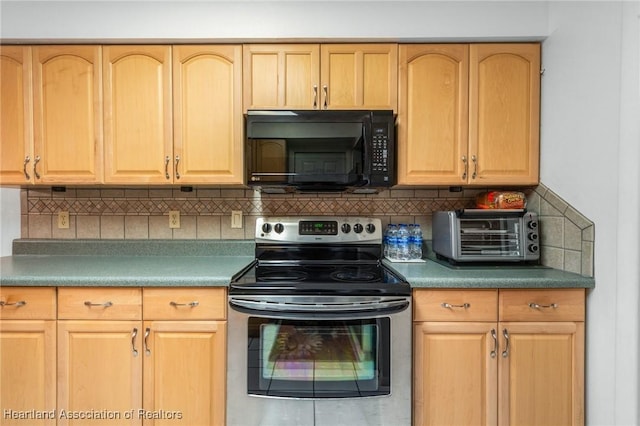 kitchen featuring stainless steel electric stove, backsplash, and light brown cabinetry