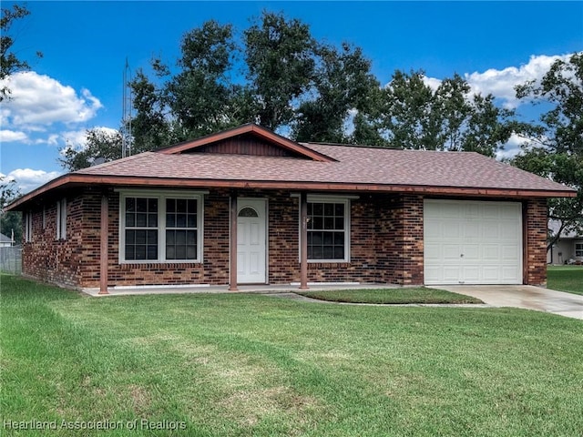 single story home with a garage and a front yard