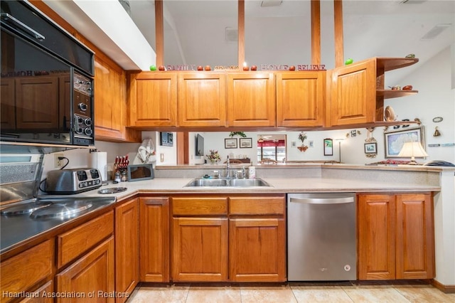 kitchen featuring brown cabinets, stainless steel dishwasher, black microwave, open shelves, and a sink