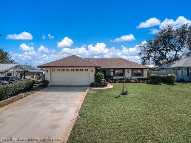 ranch-style home with a garage, a front yard, concrete driveway, and stucco siding