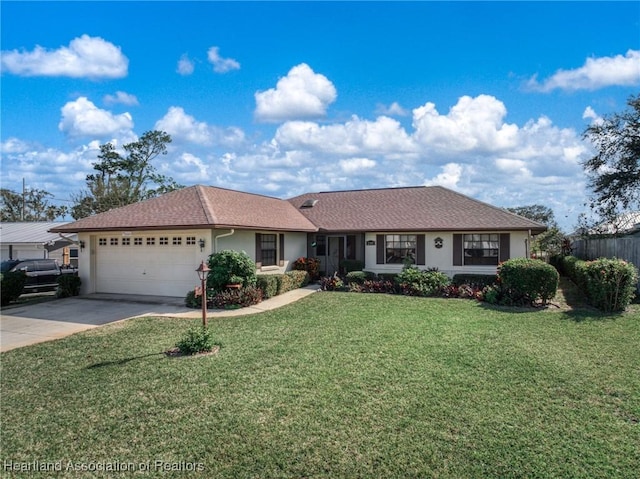 single story home featuring driveway, a front lawn, and stucco siding