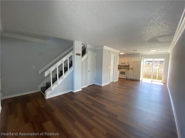 unfurnished living room featuring a textured ceiling, dark hardwood / wood-style floors, and crown molding