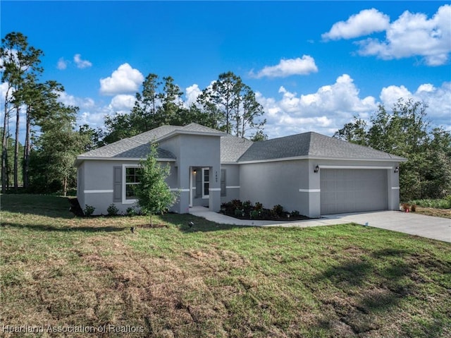 single story home with a front lawn, driveway, an attached garage, a shingled roof, and stucco siding