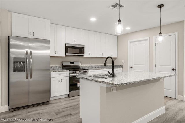 kitchen with a sink, appliances with stainless steel finishes, light wood-style flooring, white cabinetry, and visible vents