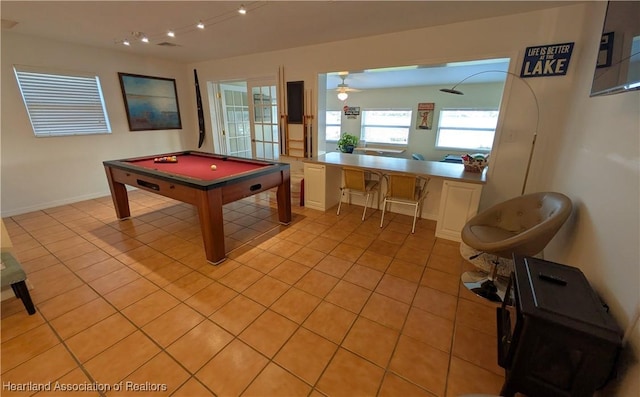 rec room featuring ceiling fan, light tile patterned floors, and pool table