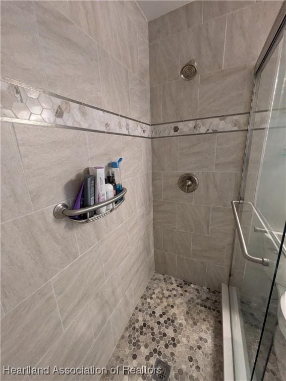 bathroom with a shower with shower door