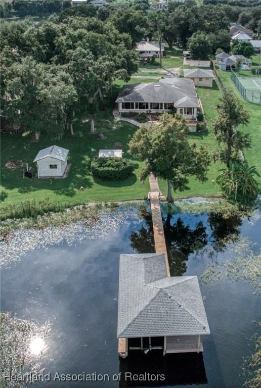 drone / aerial view featuring a water view