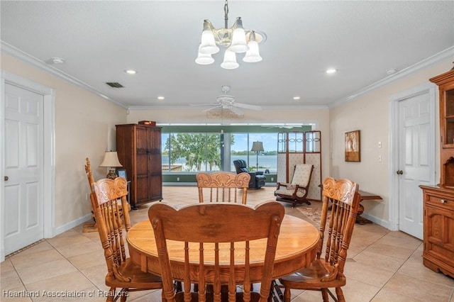 dining room with light tile patterned floors, ceiling fan with notable chandelier, and ornamental molding