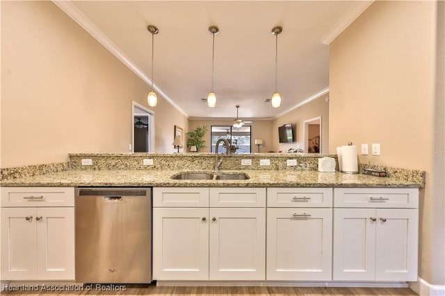 kitchen featuring dishwasher, light stone counters, white cabinetry, and sink